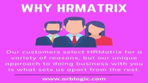 A promotional graphic with three illustrated figures, two women and one man, in business attire against a purple background with the text ‘WHY HRMATRIX’ above them.