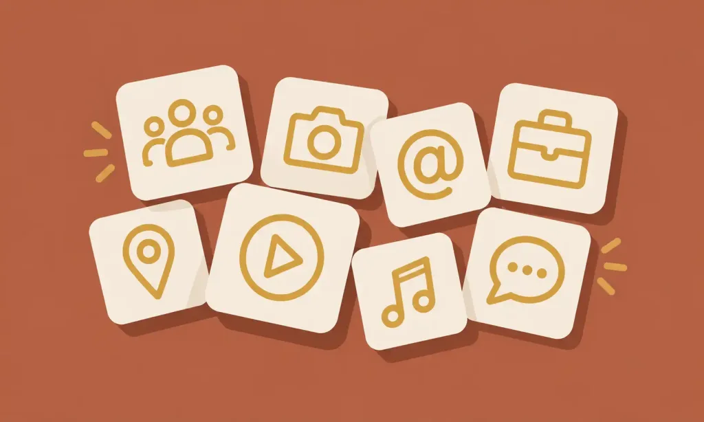 Social Media'S Role In Your Business 2 Illustration Of Eight Scattered Icon Cards Representing Different Social Media Platform Types And Their Core Use Cases For Business