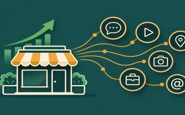 Illustration Of A Storefront Connected By Signal Lines To Icons Representing Chat, Video, Visual, And Professional Social Platforms