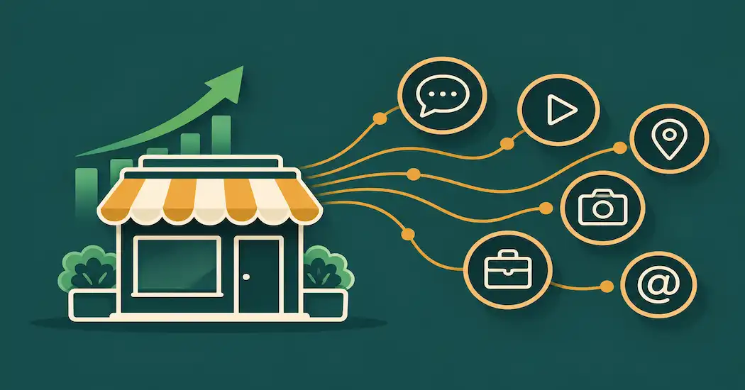 Illustration Of A Storefront Connected By Signal Lines To Icons Representing Chat, Video, Visual, And Professional Social Platforms