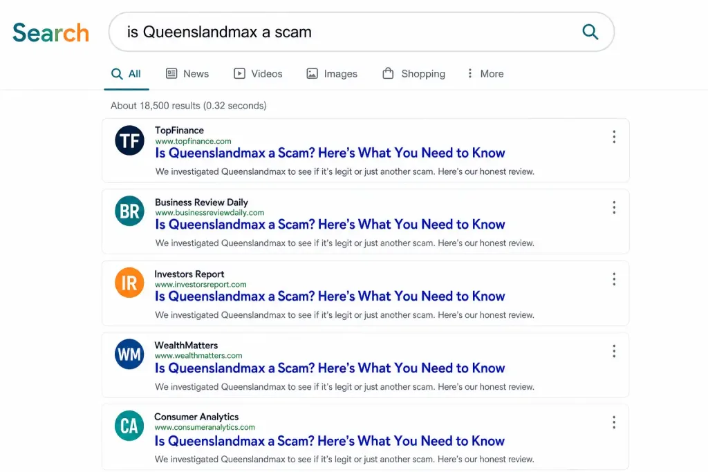 Queenslandmax Review: Is It Legit, A Scam, Or Something In Between? 2 A Search Bar Showing Five Nearly Identical Review Results From Different Sites
