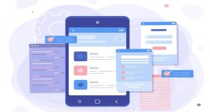 A developer working on a laptop, with icons representing native, web, and cross-platform mobile app development options.