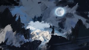Digital painting of a solitary figure observing snow-capped mountains under a full moon at night.
