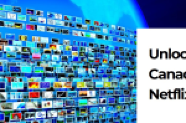 A digital collage of numerous small images forming a large wall with the Earth in the background, and a white rectangle with text “Unlock Canadian Netflix” on the right side.