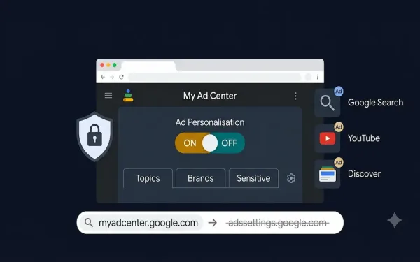 Browser Showing Google My Ad Center Dashboard With Ad Personalisation Toggle, Topics, Brands, And Sensitive Tabs, A Privacy Shield Icon, And Platform Icons For Google Search, Youtube, And Discover, With Url Redirect From Adssettings.google.com To Myadcenter.google.com