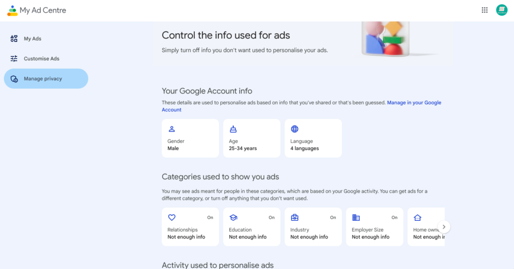 2024 Google Ads Settings Dashboard showing personalized ad controls