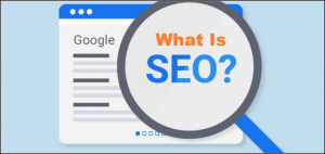 Illustration of a magnifying glass over a Google search page with the text "What Is SEO?" highlighting the concept of Search Engine Optimization.