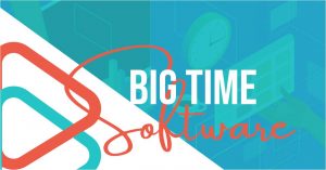 BigTime Software logo on abstract teal and white background.