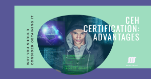A person holding a certificate with the text "Certified Ethical Hacker" and a computer screen displaying cybersecurity tools.