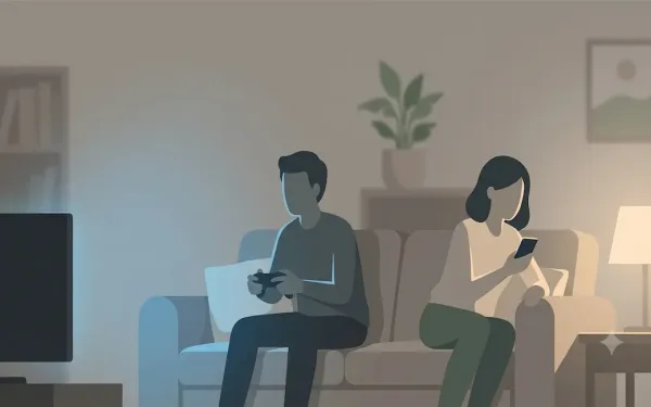 Two Silhouetted Figures Sitting On A Couch In A Softly Lit Living Room, One Holding A Game Controller Under Blue Screen Light, The Other Looking At A Phone, Illustrating Emotional Distance In A Relationship