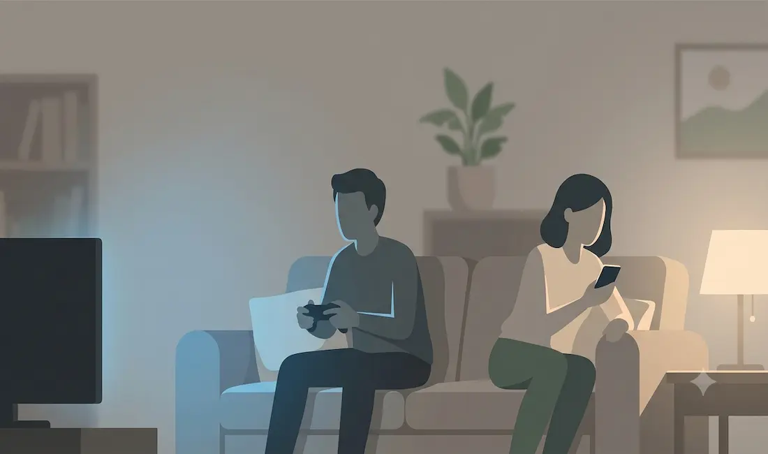 Video Games And Divorce: What The Research Actually Shows 1 Two Silhouetted Figures Sitting On A Couch In A Softly Lit Living Room, One Holding A Game Controller Under Blue Screen Light, The Other Looking At A Phone, Illustrating Emotional Distance In A Relationship