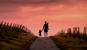 Silhouette of an adult and a child holding hands, walking down a path with fences on either side, against a sunset sky, symbolizing divorcing over video games.