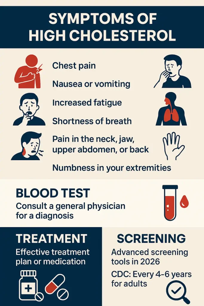 Infographic showing symptoms of high cholesterol, diagnostic methods, treatment options, and CDC screening guidelines.