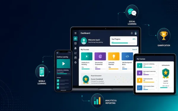 Laptop And Tablet Showing A Simplified Lms Dashboard With Course Tiles And A Progress Bar, Surrounded By Icons Representing Mobile Learning, Social Features, Gamification, And Analytics