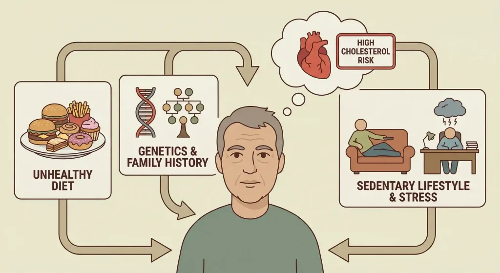 Illustration of factors increasing high cholesterol risk, including diet, genetics, and lifestyle elements