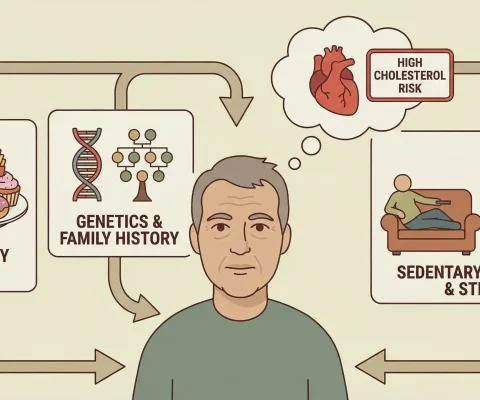 Illustration Of Factors Increasing High Cholesterol Risk, Including Diet, Genetics, And Lifestyle Elements