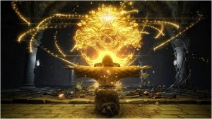 A player navigating through a dark, mystical forest in Elden Ring, with a glowing sword and shield in hand.