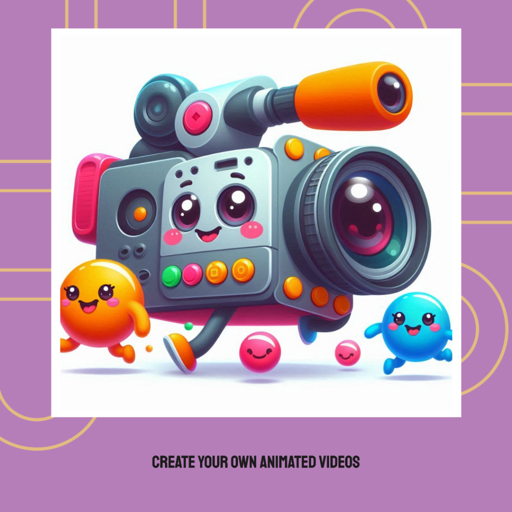 A colorful illustration of a whimsical animated video camera character with facial features surrounded by four small cheerful blob like creatures in yellow and blue The camera character has a large lens for an eye and various buttons on its body