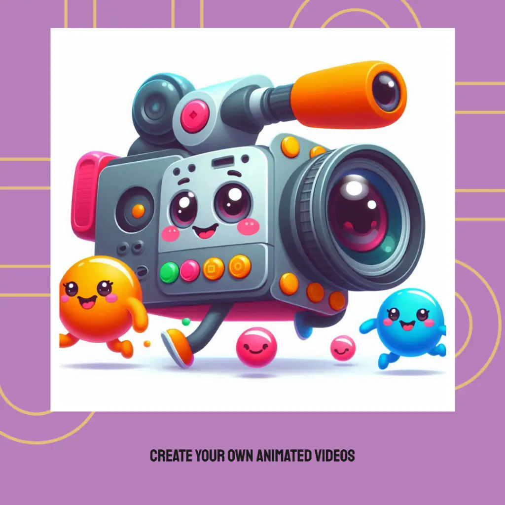 A colorful illustration of a whimsical, animated video camera character with facial features, surrounded by four small, cheerful blob-like creatures in yellow and blue. The camera character has a large lens for an eye and various buttons on its body.
