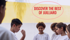A group of four individuals stand with their backs to the camera, facing a wall with the text “DISCOVER THE BEST OF JUILLIARD” prominently displayed within an elliptical red border. Their faces are obscured by brown rectangular blocks to maintain privacy. The setting appears educational, emphasizing learning and discovery at the Juilliard School. The background is minimalistic with soft colors, highlighting the central message.