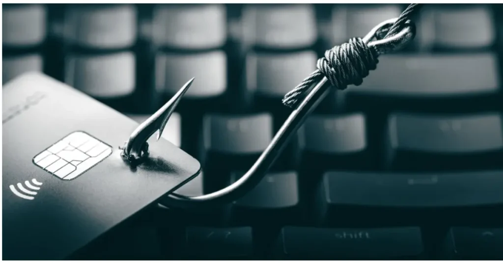 Credit card hooked by a phishing hook with a computer keyboard in the background.
