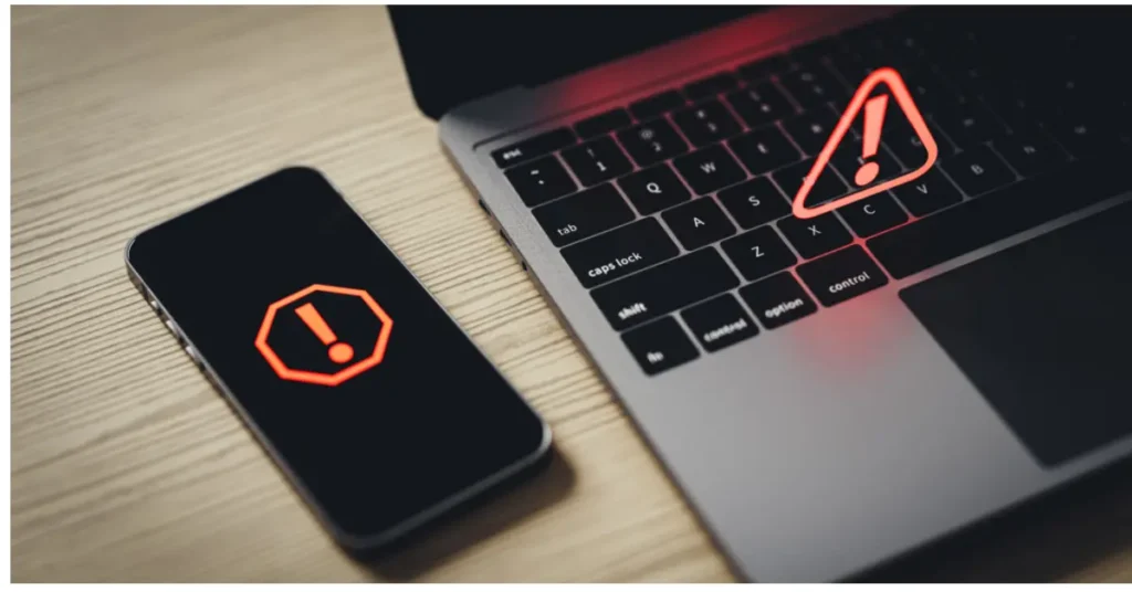 A smartphone and laptop showing phishing alerts, symbolizing exploitation of Spider-Man: No Way Home fans.