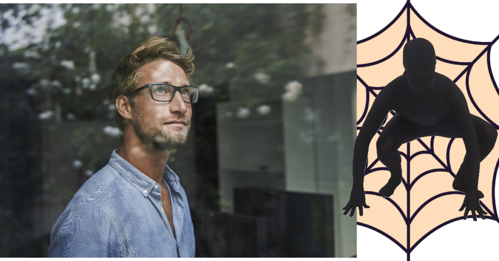 A silhouette of Spider-Man crouched against a spider web design, paired with a light blue-shirted individual reflecting an inquisitive backdrop.