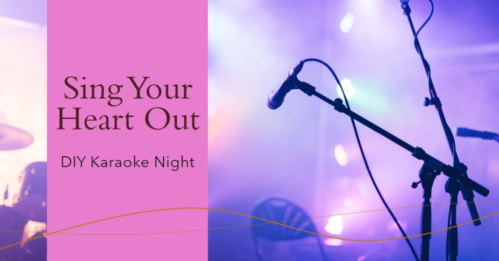 A vibrant stage set for a karaoke night with microphones in the foreground and purple stage lighting in the background featuring text Sing Your Heart Out DIY Karaoke Night