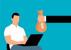 A graphic illustration of a person sitting with a laptop and a hand holding out a money bag towards them, symbolizing online E-Commerce earning or remote work.