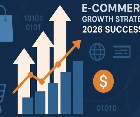 Illustration Of E-Commerce Growth Strategies With Rising Graphs, Shopping Icons, And Digital Elements For 2026 Success.