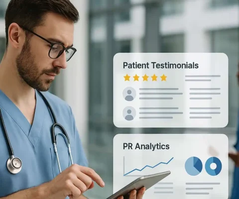 Healthcare Professional Reviewing Patient Testimonials And Pr Analytics On Digital Tablet While Medical Team Collaborates In Modern Hospital Setting