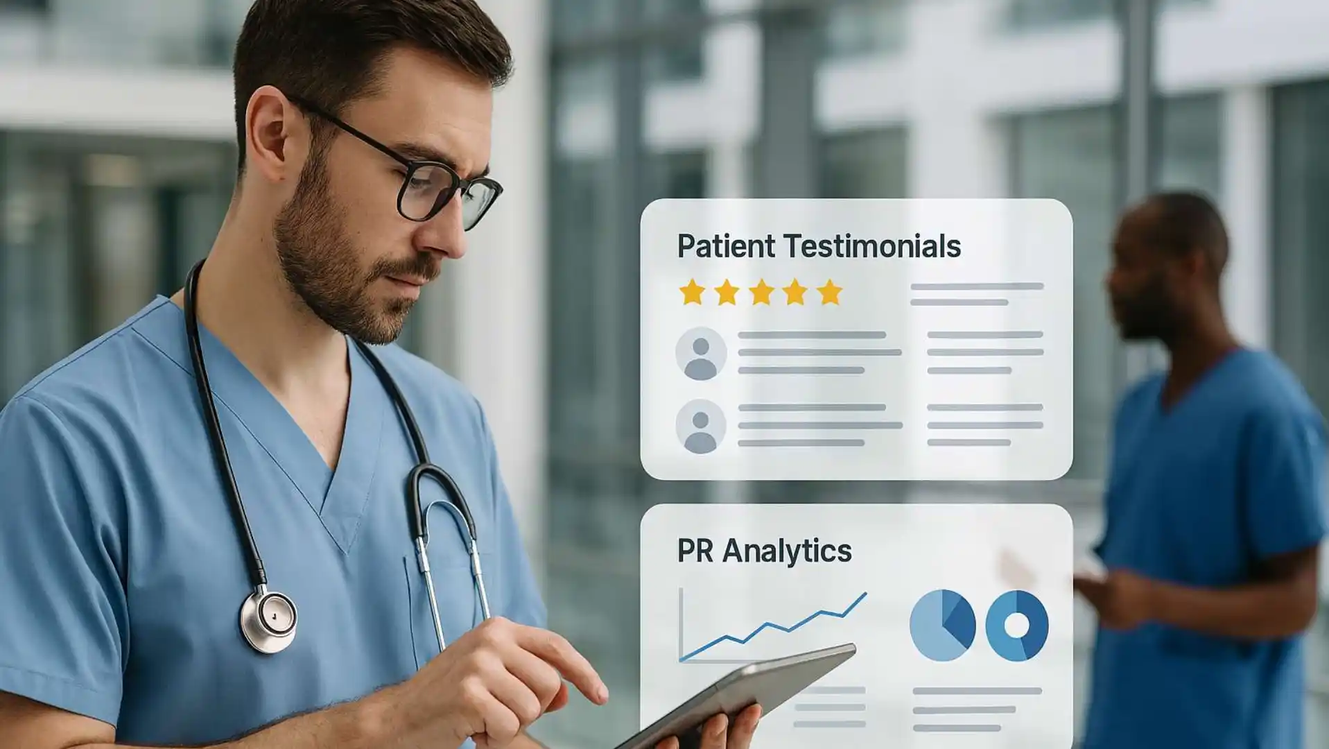 Healthcare Professional Reviewing Patient Testimonials And Pr Analytics On Digital Tablet While Medical Team Collaborates In Modern Hospital Setting