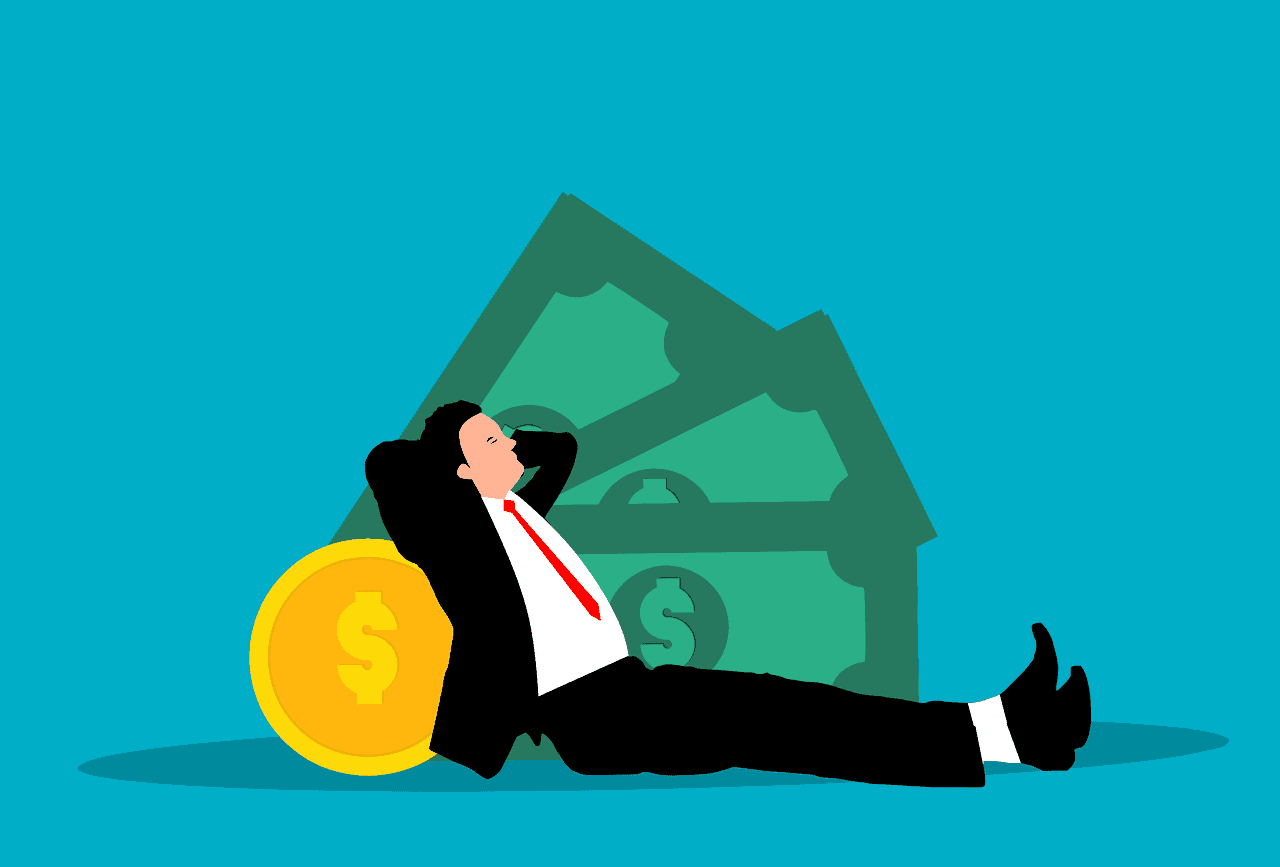Illustration of a person in a suit and red tie, reclining with hands behind the head, leaning against a large gold coin with a dollar sign.