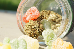 A variety of cannabis edibles including gummies, chocolates, and baked goods.