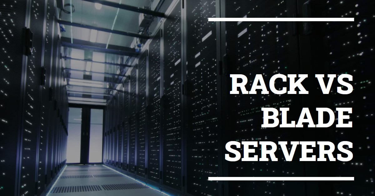 A photograph showcasing a data center with rows of server racks. The image is overlaid with bold text stating “RACK VS BLADE SERVERS.”