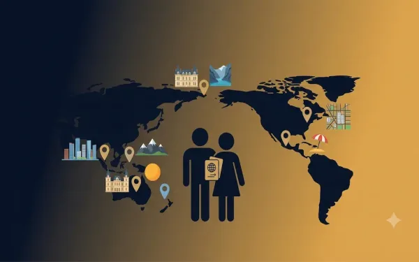 World Map With Seven Location Pins Representing Singapore, New Zealand, Norway, Australia, New York, Mexico, And France, With Two Silhouette Figures Holding A Passport Icon Symbolizing A Couple Relocating Together
