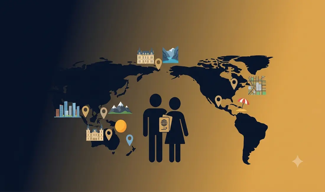 Best International Places To Live With Your Spouse 1 World Map With Seven Location Pins Representing Singapore, New Zealand, Norway, Australia, New York, Mexico, And France, With Two Silhouette Figures Holding A Passport Icon Symbolizing A Couple Relocating Together