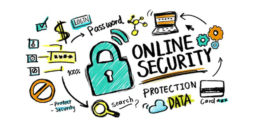 Colorful illustration depicting online security A central padlock surrounded by icons and words related to internet safety including a shield with 100 a magnifying glass over search laptops a login keyhole with an arrow pointing to Password currency symbols wireless signal icons and a prohibition sign over an open lock Bold letters at the top read ONLINE SECURITY