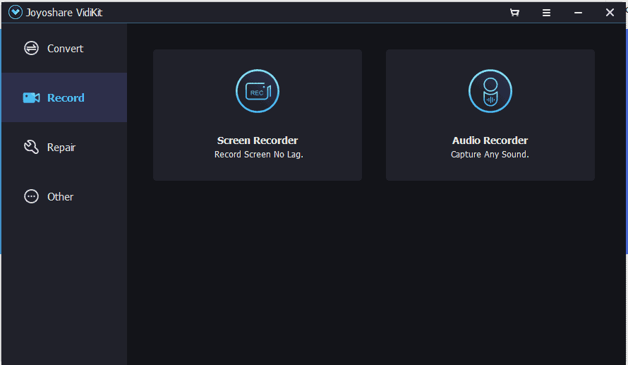 Screenshot of the Joyoshare VidiKit software interface showing two main options on the left a Screen Recorder feature with an icon of a camcorder and the text Record Screen No Lag and on the right an Audio Recorder feature with an icon of a microphone and the text Capture Any Sound Both options are set against a dark background with additional menu options for Convert Repair and Other listed vertically on the left side The overall color scheme is dark with blue accents