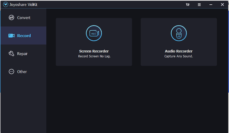Screenshot of the Joyoshare VidiKit software interface showing two main options: on the left, a ‘Screen Recorder’ feature with an icon of a camcorder and the text ‘Record Screen No Lag,’ and on the right, an ‘Audio Recorder’ feature with an icon of a microphone and the text ‘Capture Any Sound.’ Both options are set against a dark background with additional menu options for ‘Convert,’ ‘Repair,’ and ‘Other’ listed vertically on the left side. The overall color scheme is dark with blue accents.