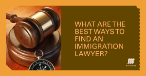 A wooden gavel resting on a sound block with a compass in the foreground, accompanied by the text "What are the best ways to find an immigration lawyer?"