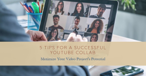 A person holding a tablet showing a video call with several people. The screen displays a grid of smiling participants. The text overlay reads: "5 Tips for a Successful YouTube Collab - Maximize Your Video Project's Potential.