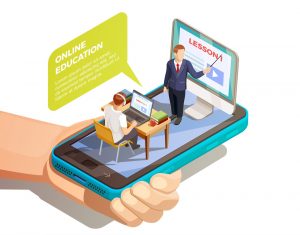 Isometric illustration of online education showing a teacher on a smartphone screen giving a lesson to two students using technology. #Learning Management System