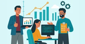 Dynamic illustration of professionals mastering data science through charts, code, and collaboration, highlighting career growth and innovation in analytics.
