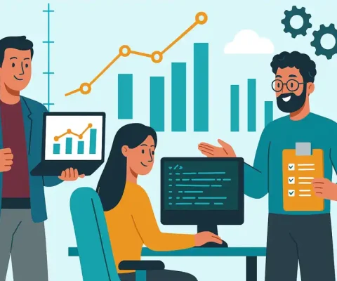 Dynamic Illustration Of Professionals Mastering Data Science Through Charts, Code, And Collaboration, Highlighting Career Growth And Innovation In Analytics.