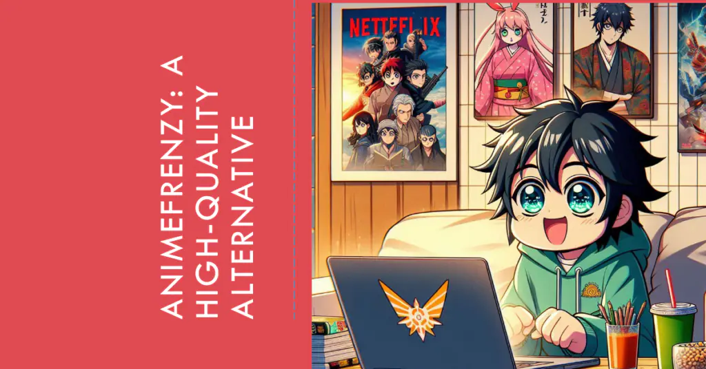 KissAnime - A vibrant anime-themed illustration featuring a character with black hair sitting in front of a laptop screen displaying Netflix, surrounded by anime posters and merchandise.