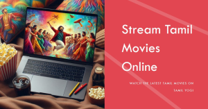 A laptop with a colorful movie streaming website on the screen, surrounded by a bowl of popcorn, a film reel, and vibrant cushions.