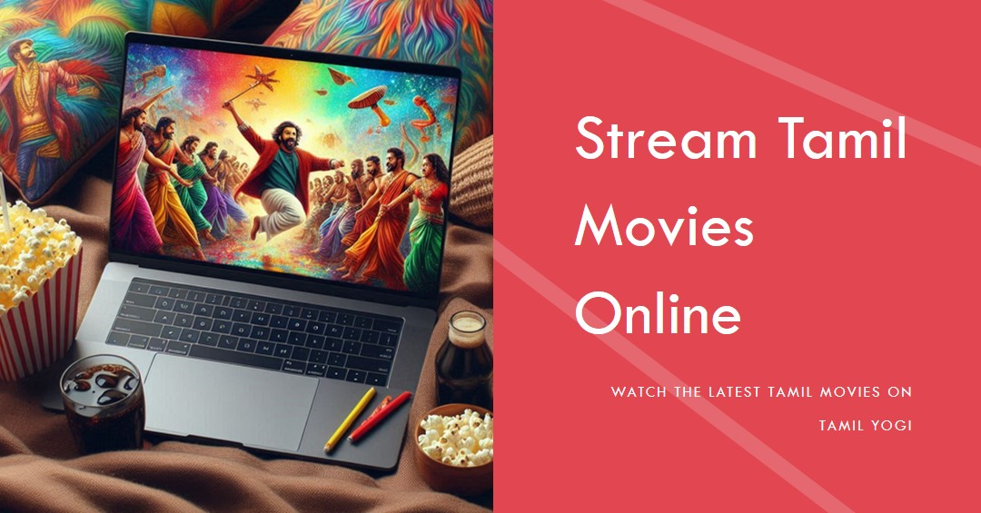 A laptop with a colorful movie streaming website on the screen, surrounded by a bowl of popcorn, a film reel, and vibrant cushions.
