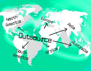 World map highlighting outsourcing destinations with arrows pointing to various continents.