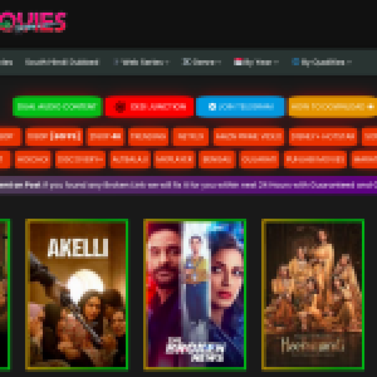 A collage of various movie posters and logos from the Vegamovies website, showcasing a diverse range of entertainment options including Bollywood movies, web series, and dual audio content.